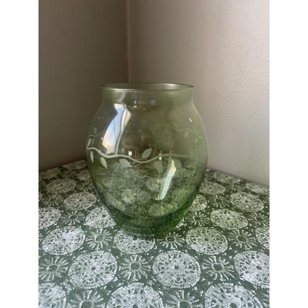 Vintage Libbey Etched Leaves Green Vase MCM